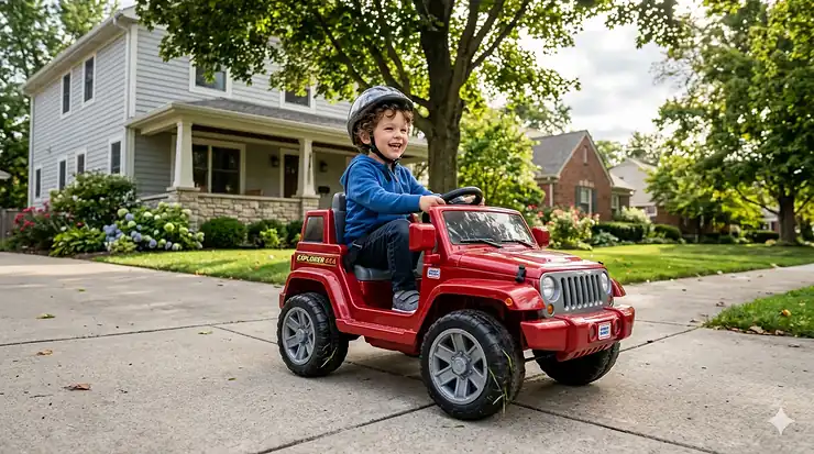 A happy 4-year-old child driving a red electric ride-on SUV on a paved suburban driveway.