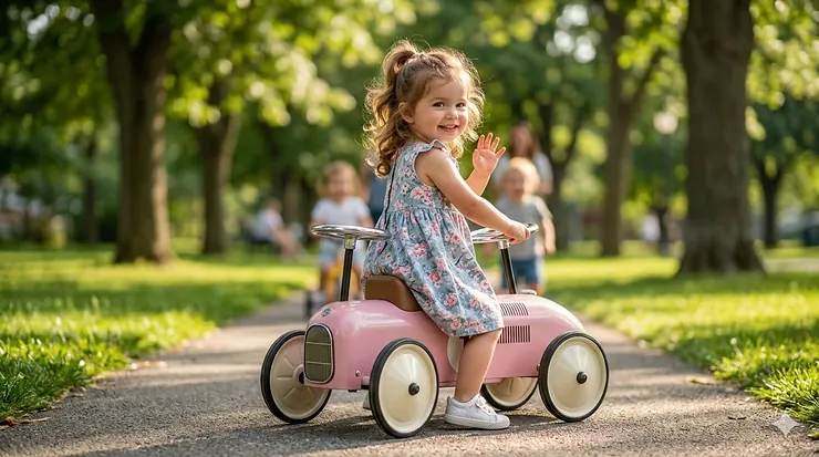 A toddler girl happily riding a pink vintage-style scoot car outdoors, representing the best ride on toys for 2 year old girls.