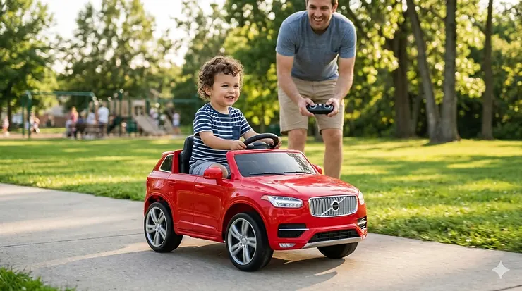 A toddler sitting in a red electric ride-on car while a parent holds a wireless remote control in the background. ride on toys for 2 year old with remote control