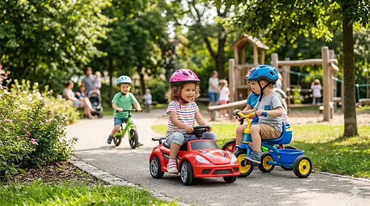 A group of preschoolers happily playing outside with various ride on toys for 3-5 year olds, including a red tricycle and a blue balance bike.