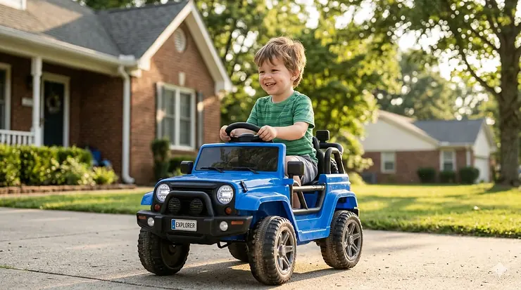 A young boy happily riding a blue electric toy car in a suburban driveway, representing the best ride-on toys for 3-year-olds. ride on toys for 3 year old boy