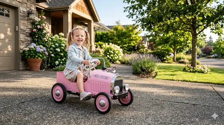 A happy three year old girl riding a pink vintage-style electric car on a suburban driveway. ride on toys for 3 year old girl