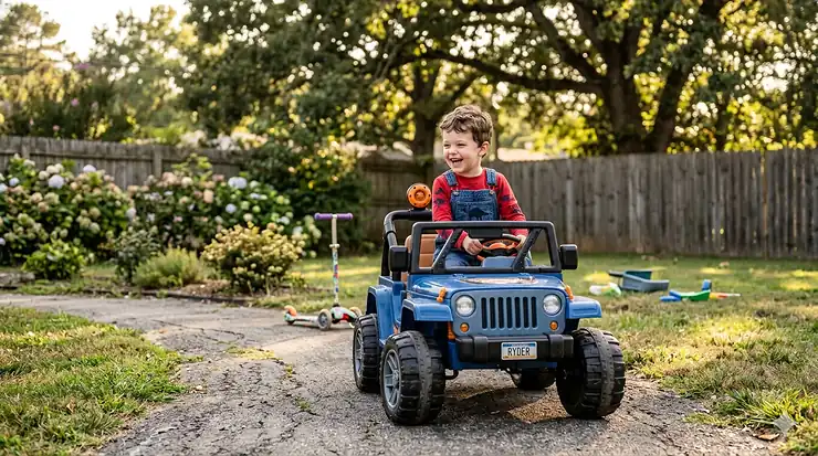 A young boy happily driving a blue electric ride-on jeep in a backyard setting. ride on toys for 4 year old boy