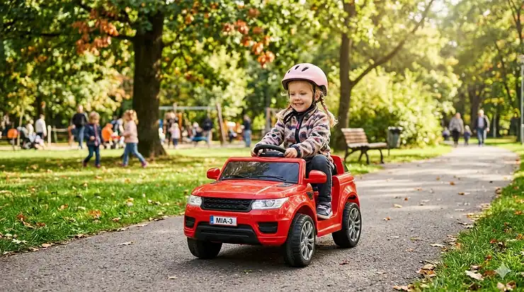 A happy toddler riding a colorful electric toy car in a sunny park, showcasing popular ride-on toys for 3-year-olds. ride on toys for 3 year olds