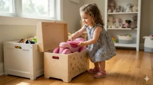 A compact, easy-to-store pink ride on toy shown next to a toy box for size comparison.