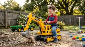 Illustration of a yellow construction-themed sit-on excavator toy with moving parts.