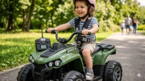 A rugged 4-wheeler electric ride-on toy designed for grass and gravel surfaces for toddlers.