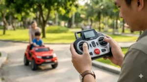 A close-up photograph of an adult's hands holding a modern, ergonomic parental remote control, designed to override and guide electric ride-on toys for 3-5 year olds in a park.