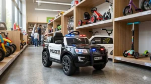 Stylized illustration of a battery-powered police cruiser ride-on toy for boys.