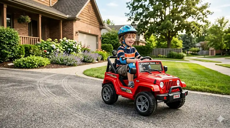 Miniature motorized electric jeep for 4-year-olds featuring off-road tires and a working steering wheel. ride on toys for 4 year olds