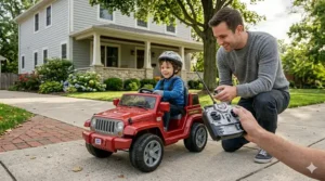 A father holding a remote control while supervising his child in a red electric toy car.