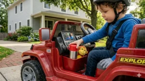 A 4-year-old child placing a water bottle in the trunk storage of an electric ride-on truck.