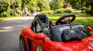 Illustration of safety features on an electric ride-on toy, including a 5-point harness and parental remote control.