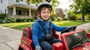Close-up of a secure 5-point safety harness on an electric ride-on toy for toddlers.
