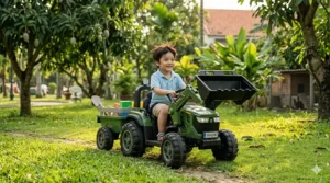 A photorealistic 4K photograph captures a joyful 3-5 year old Vietnamese child driving a rugged green electric ride-on tractor with a matching trailer on a lush backyard lawn.