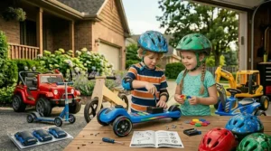 A plush mechanical pony ride-on toy that moves when the child bounces in the saddle, suitable for indoor play.