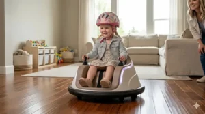 360-degree spinning indoor electric bumper car for a 3 year old girl playing on hardwood floors.