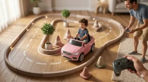 A compact, pink ride-on car with remote control being used on a hardwood floor.