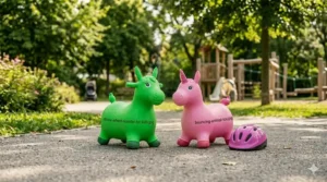 A colorful inflatable rubber bouncing horse toy used as an indoor ride on for active toddlers.