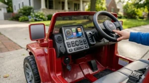 Interior view of a toy car dashboard featuring a steering wheel, music buttons, and horn.