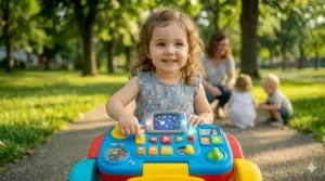 Illustration of an interactive toy dashboard with lights and sounds on a toddler girl's ride on vehicle.