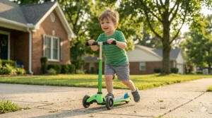 A height-adjustable green three-wheel kick scooter designed for stability for toddlers and preschoolers.