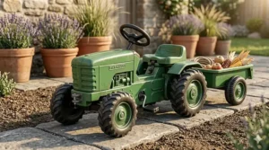 A photorealistic close-up of a green pedal-powered tractor toy with a matching, worn trailer, parked on a textured stone paver patio.