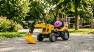 A yellow ride on construction digger with a manual scoop, perfect for outdoor sandbox play for 5-year-old boys and girls.