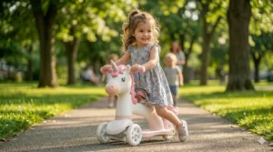 A foot-to-floor unicorn-themed scoot toy suitable for indoor play for young toddlers.