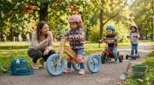 Illustration showing how ride-on toys for 3-year-olds improve balance, spatial awareness, and leg strength.