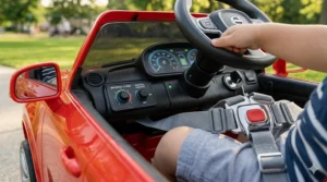A 12V motorized off-road truck for 2 year olds driving on a grass surface.