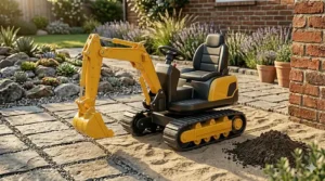 A photorealistic close-up of a sturdy four-wheeled electric ATV ride-on toy for kids, standing on a textured stone paver patio.