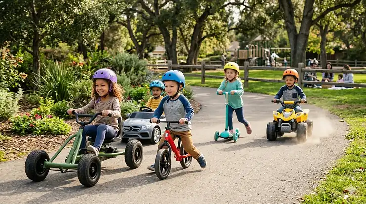 A diverse group of preschool children joyfully riding different outdoor toys, including a go-kart, balance bike, scooter, and electric quad, on a sunny park path. outdoor ride on toys for 3-5 year olds