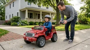 A parent using a handheld remote control to guide a child's electric ride-on vehicle.