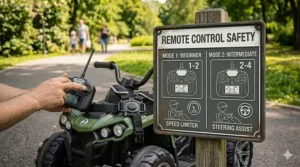 A parent using a 2.4G wireless remote control to guide a child's electric ride-on toy for extra safety.