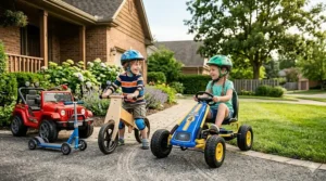 A sleek red pedal-powered go-kart designed for preschoolers to improve leg strength and coordination.
