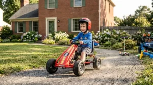 Colorful vector art showing a 4-year-old boy racing a red pedal-powered go-kart.