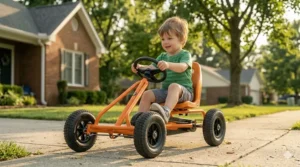 Outdoor pedal-powered go-kart for a 3-year-old boy featuring sturdy rubber tires for active play.