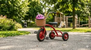 A sturdy metal pedal tricycle with a small storage basket, ideal for developing motor skills in 3-5 year olds.