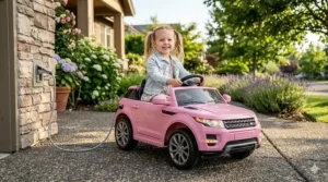 Toddler girl driving a pink battery-powered ride-on suv with working headlights.