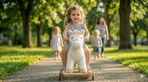 A 2-in-1 plush rocking horse that converts into a rolling ride on toy for a 2 year old girl.