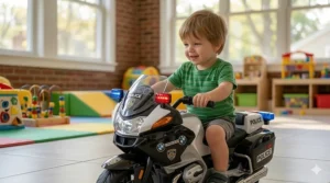 Miniature police motorcycle ride-on toy with flashing lights and siren sounds for imaginative 3-year-old play.