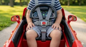 Close-up of a 5-point safety harness on a ride-on toy for 2 year olds.