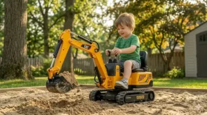 Toddler-sized ride-on construction excavator toy with a functional digging bucket for sandbox play.