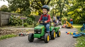 Flat design illustration of a green farm tractor ride-on toy featuring a detachable trailer.