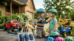 Essential safety gear set including a multi-sport helmet and knee pads for children using ride-on toys.