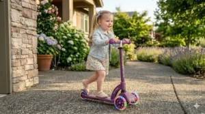 Purple three-wheel kick scooter for toddlers featuring LED light-up wheels.