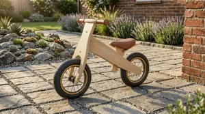 A photorealistic close-up of an adjustable pink three-wheel kick scooter for preschoolers, featuring transparent wheels and ergonomic grips.