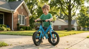 Lightweight blue balance bike for a 3-year-old boy to practice coordination and motor skills.