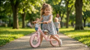 A lightweight pink balance bike helping a 2 year old girl develop motor skills and coordination.